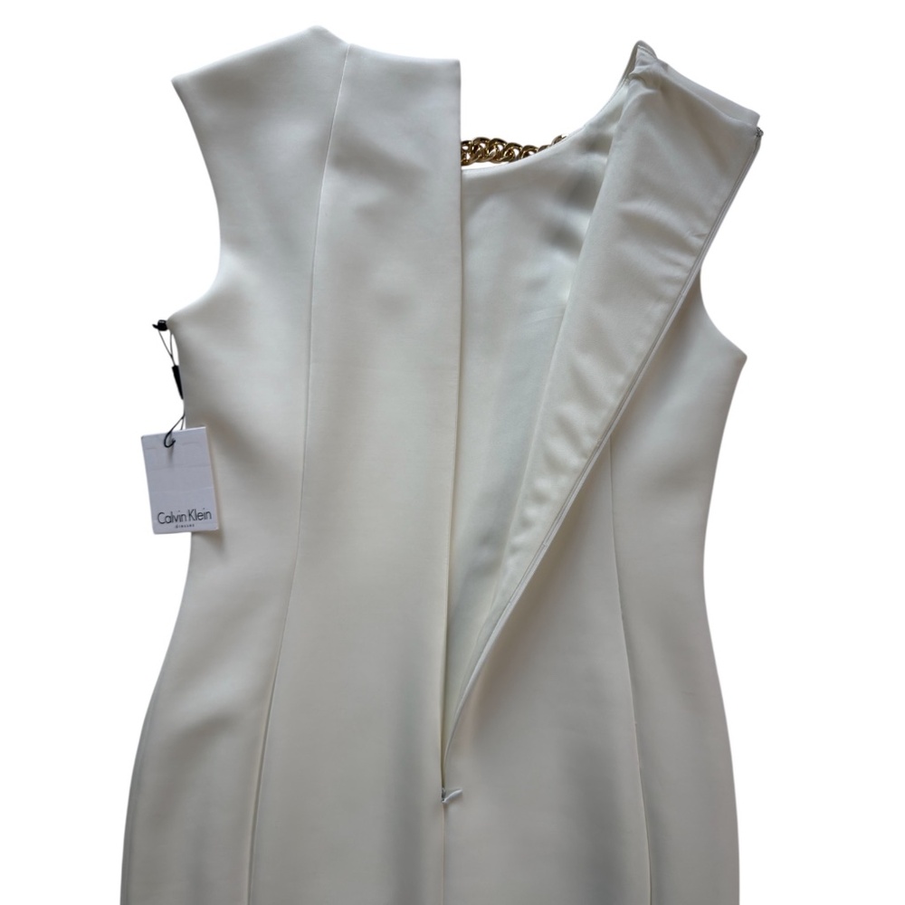 NWT Calvin Klein Cream Sleeveless Sheath Dress Gold Chain Office Bride Evening 8 - Picture 4 of 9